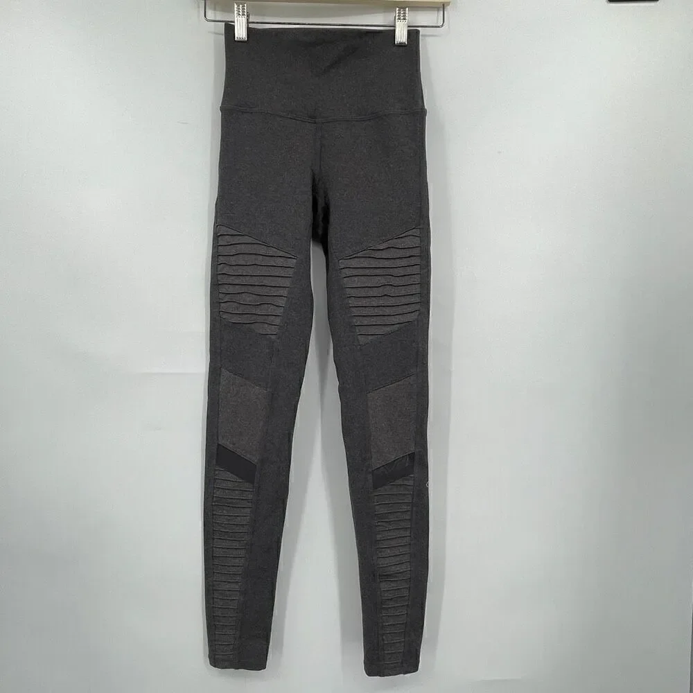 Alo Yoga Gray Athletic Compression High Waist Moto Mesh Detail Leggings XS